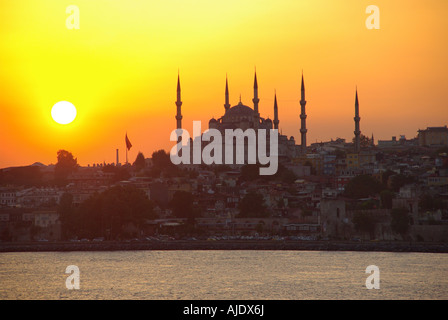 Full sun & sunset over the Sultan Ahmet Mosque or Blue Mosque with six ...
