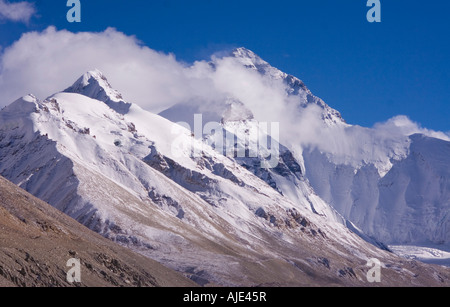 View over the North face of Mt Everest from the EBC (Everest Base Camp) in Tibet (China). Stock Photo