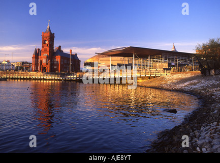 Senedd National Assembly for Wales Building and Pierhead Sunset view Cardiff Bay Cardiff South Wales Stock Photo