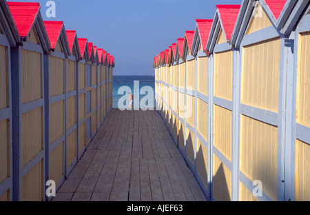 Huts on the beach at Mondello near Palermo Sicily Italy Stock Photo