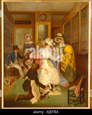 AT THE SHOEMAKERS painting artist anonymous English c 1825 at Wimpole Hall Cambridgeshire Stock Photo