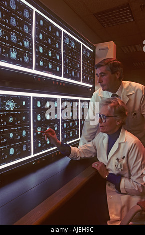 male and female doctors looking at MRI images Stock Photo