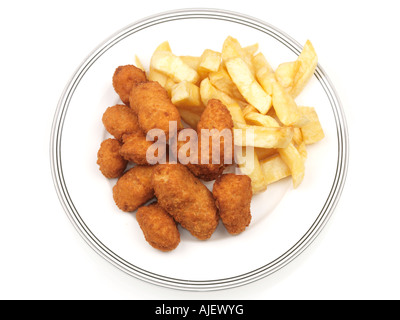 Plate Of Deep Fried Traditional British Scampi and Chips Against A White Background With A Clipping Path And No People Stock Photo