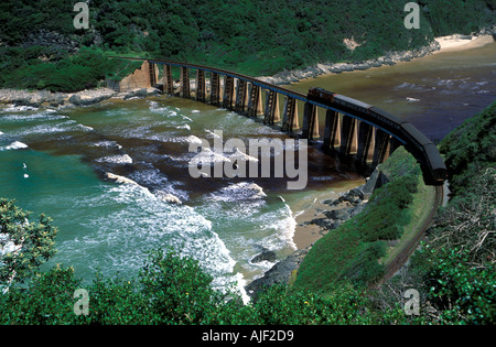 Train travelling over the Kaaimans River Mouth Railway Viaduct at Wilderness on the Garden Route South Africa Stock Photo