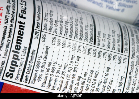 Closeup of multivitamin label List of vitamins and amounts Stock Photo