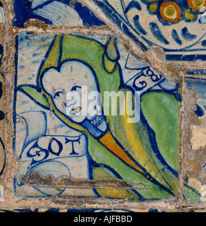 Encaustic tile Antwerp sixteenth century from the Chapel at The Vyne Hampshire showing a Fool and inscribed Sotge Stock Photo