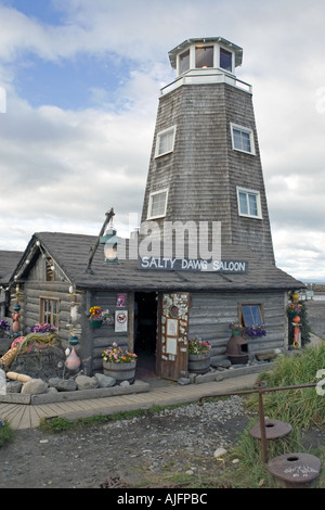 The Salty Dawg Saloon in Homer Alaska famous for a tradition started by miners of pinning dollar bills to walls and ceiling to Stock Photo