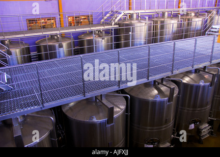 chile, chilean, countryside, Colchagua Valley, traditional wine valley, wine making facilities, fermenting vats, grated walkway, Stock Photo