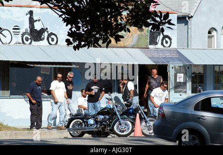 Bikers meet outside the Walker Cafe at Fermin Point in San Pedro California USA Stock Photo