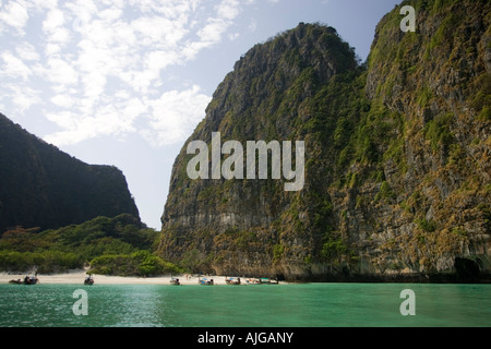 Karst rocks and cliffs overlook Maya Beach Ao Maya Bay Ko Phi Phi Leh island Thailand