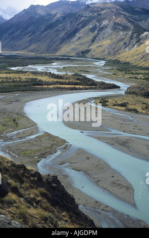 Rio de las Vueltas and alluvial deposits, El Chalten, Los Glaciares National Park, Patagonia, Argentina Stock Photo