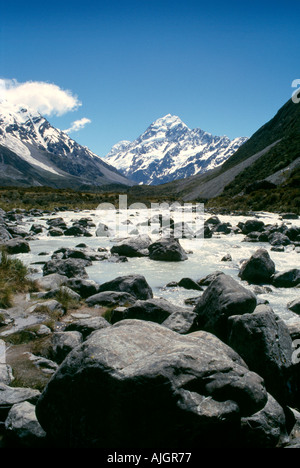 Mount Cook and its glacier river flowing through Hooker Valley, South Island, New Zealand.