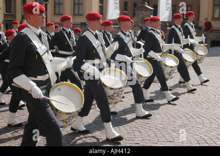 The Drummers of the Swedish Army Band marching to the Royal Palace in Stockholm for the Changing of the Guards Stock Photo