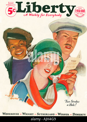 Two Strokes a Hole, American popular weekly magazine cover from 1929 with the handicap he must give to his lady partner Stock Photo