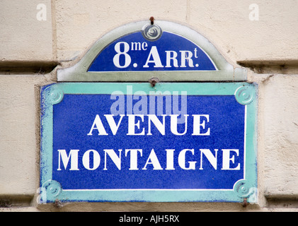 France Ile De France Paris Street Sign On A Wall For Avenue Montaigne In The Huitieme Arrondissement. Stock Photo