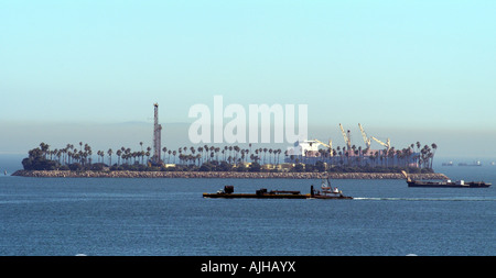 Oil and Gas Drilling Island off Long Beach California America USA Man made drilling island in disguise and part of the THUMS Pro Stock Photo