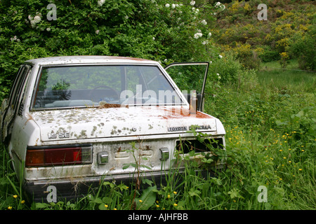 A junk car with beer bottle on boot in the middle of nowhere New Zealand Stock Photo