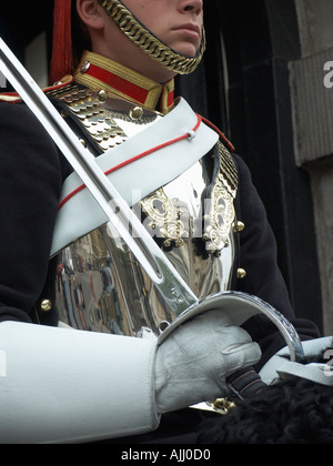 Detail of gloved hand holding sword Horse Guard on Whitehall London England UK no release available Stock Photo