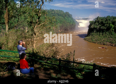 people, man and woman, couple, tourists visiting Iguazu Falls and Iguazu River, Iguazu National Park, Misiones Province, Argentina, South America Stock Photo