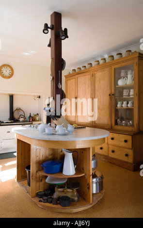 Country kitchen with marble top island in 17th century Irish castle Stock Photo