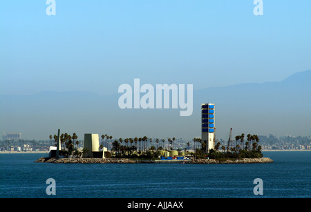 Oil and Gas Drilling Island Grissom and Camouflaged Rig Long Beach California America USA Stock Photo