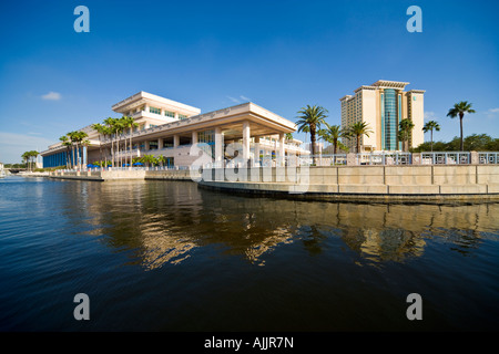 City of Tampa Convention Center waterfront Hillsborough River, Tampa Bay Area Florida US USA. Embassy Suites Hotel on the right. Stock Photo