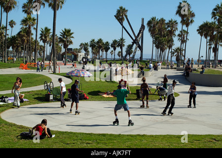 Venice Beach on the Pacific Ocean California America USA Palms sand and Roller Skaters Stock Photo