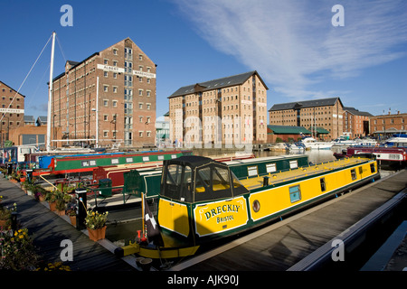 Colourful houseboats moored in Victoria Dock marine Gloucester Docks UK Stock Photo