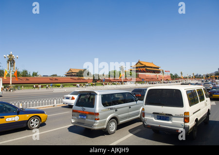 Cars on Chang an Avenue in front of Gate of Heavenly Peace Stock Photo