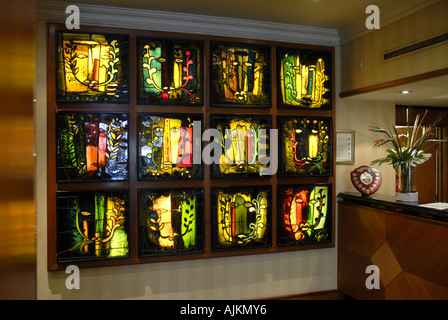 The Wessex Hotel John Piper stained glass created in 1964 based on the Green Man Winchester Hampshire Stock Photo