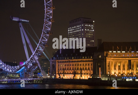 London Eye, County Hall, Saatchi Gallery and London Aquarium At Night Stock Photo