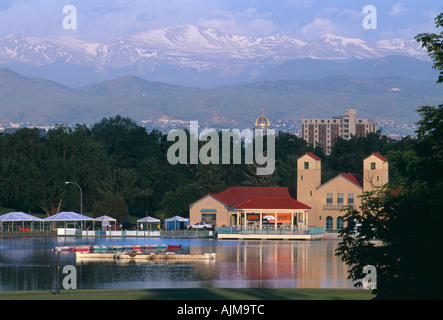 View of Rocky Mtns from City Park with The Pavilion in foreground Denver CO Stock Photo