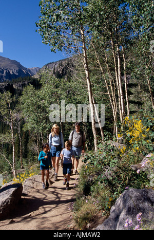 A family of four hiking a mountain trail beneath summer aspen in Rocky Mtn Nat l Park CO Stock Photo