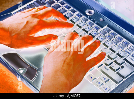 Laptop with Hands on Keyboard Digitally Manipulated Fantasy Version Stock Photo