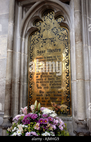 Memorial plaque to Jane Austen in Winchester Cathedral Winchester Hampshire Stock Photo