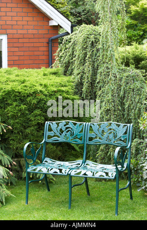 Blue bench with a range of conifers at Cypress House Dalton Stock Photo