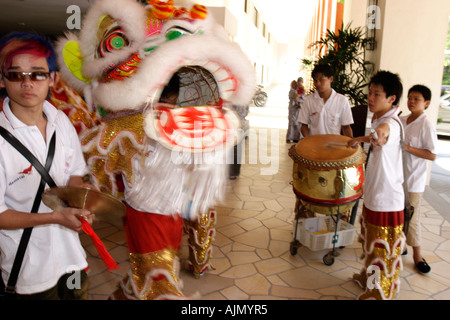 Chinese Malaysians perform the Southern Lion Dance on Chinese new year. Batu Ferringhi, Penang Island, Malaysia. Stock Photo