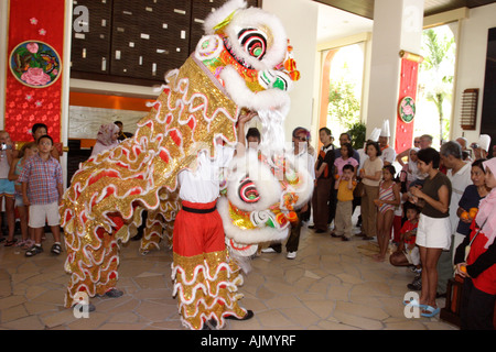 Chinese Malaysians perform the Southern Lion Dance on Chinese new year. Batu Ferringhi, Penang Island, Malaysia. Stock Photo