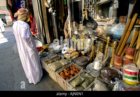 United Arab Emirates Dubai man in entrance of hardware store Stock Photo