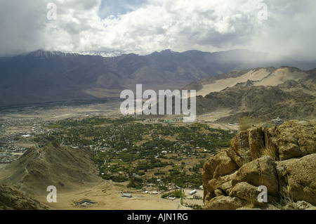 Leh valley town, Ladakh Himalaya mountains view and storm comming. India. Stock Photo