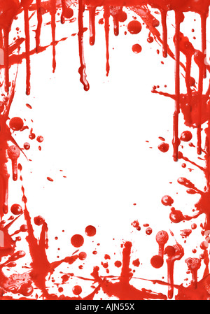 Red paint drips over white canvas background Stock Photo