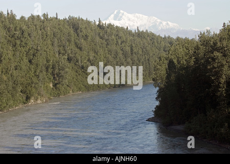 Mount McKinley as seen from the South with the Chulitna River in the foreground Stock Photo