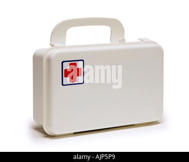 FIRST AID KIT BOX ON WHITE BACKGROUND Stock Photo