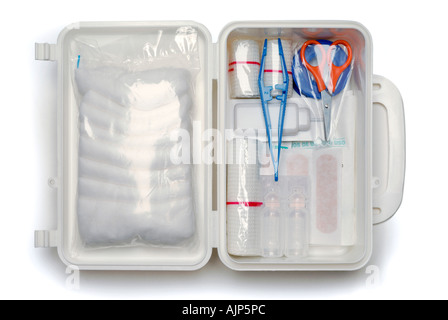 FIRST AID KIT BOX ON WHITE BACKGROUND Stock Photo