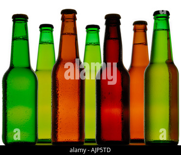 BEER COLORFUL BOTTLES OF COLD BEER SILHOUETTED ON WHITE BACKGROUND Stock Photo