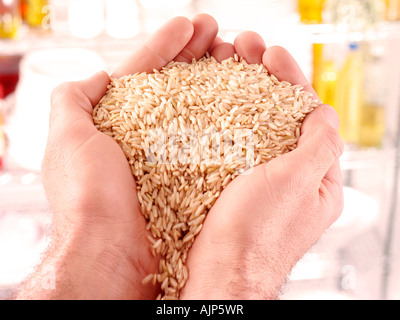 MAN 'S HANDS WITH HANDFUL OF BROWN RICE Stock Photo