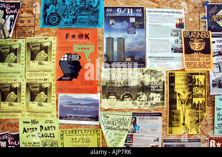 Collection of college posters and flyers on a wall in Bozeman, Montana Stock Photo