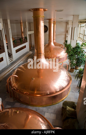 Copper brewing pans in the Brew House Budweiser brewery Ceske Budejovice Czech Republic Stock Photo