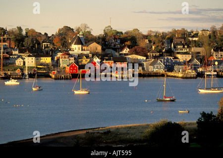Scenic view of Lunenburg in the fall with colorful sailboats in the bay. Nova Scotia, Canada Stock Photo