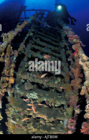 scuba diver and stairs Amoco Milford Haven oil tanker wreck Liguria Mediterranean Sea Italy Stock Photo